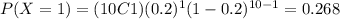 P(X=1) = (10C1) (0.2)^1 (1-0.2)^{10-1}= 0.268