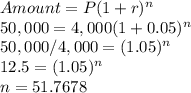 Amount = P(1+r)^n\\50,000 = 4,000 (1 + 0.05)^n\\50,000 / 4,000 = (1.05)^n\\12.5 = (1.05)^n\\n = 51.7678