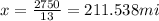 x = \frac{2750}{13}= 211.538 mi