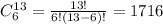 C_6^{13}=\frac{13!}{6!(13-6)!}=1716