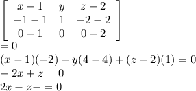 \left[\begin{array}{ccc}x-1&y&z-2\\-1-1&1&-2-2\\0-1&0&0-2\end{array}\right] \\=0\\(x-1)(-2) -y(4-4)+(z-2)(1) =0\\-2x+z=0\\2x-z-=0