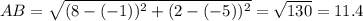 AB=\sqrt{(8-(-1))^{2}+(2-(-5))^{2}}=\sqrt{130}=11.4