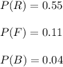 P(R)=0.55\\\\P(F)=0.11\\\\P(B)=0.04\\
