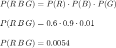 P(R\, B\, G)=P(R)\cdot P(B)\cdot P(G)\\\\P(R\, B\, G)=0.6 \cdot 0.9 \cdot 0.01\\\\P(R\, B\, G)=0.0054