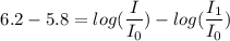 $6.2 -5.8 = log(\frac{I}{I_0} ) - log (\frac{I_1}{I_0} )$
