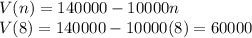 V(n) =140000-10000n\\V(8) =140000-10000(8) = 60000