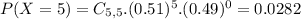 P(X = 5) = C_{5,5}.(0.51)^{5}.(0.49)^{0} = 0.0282