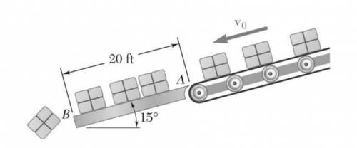 Boxes are transported by a conveyor belt with a velocity v0 to a fixed incline at A, where they slid