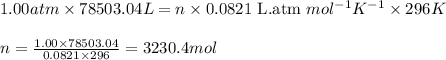 1.00atm\times 78503.04L=n\times 0.0821\text{ L.atm }mol^{-1}K^{-1}\times 296K\\\\n=\frac{1.00\times 78503.04}{0.0821\times 296}=3230.4mol