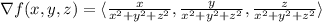 \nabla f(x,y,z)=\langle\frac{x}{x^2+y^2+z^2}, \frac{y}{x^2+y^2+z^2},\frac{z}{x^2+y^2+z^2}\rangle