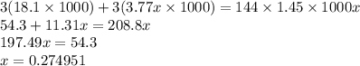 3(18.1\times1000) + 3(3.77x\times1000) = 144\times1.45\times1000x\\54.3 + 11.31x = 208.8x\\197.49x = 54.3\\x = 0.274951