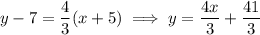 y-7=\dfrac43(x+5)\implies y=\dfrac{4x}3+\dfrac{41}3