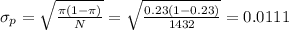 \sigma_p=\sqrt{\frac{\pi(1-\pi)}{N} } =\sqrt{\frac{0.23(1-0.23)}{1432} } =0.0111