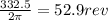 \frac{332.5}{2\pi}=52.9 rev