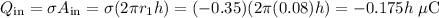 Q_{\rm in} = \sigma A_{\rm in} = \sigma(2\pi r_1 h) = (-0.35)(2\pi (0.08) h) = -0.175h~{\rm \mu C}