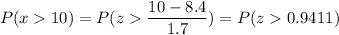 P( x  10) = P( z  \displaystyle\frac{10 - 8.4}{1.7}) = P(z  0.9411)