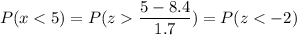 P( x< 5) = P( z  \displaystyle\frac{5 - 8.4}{1.7}) = P(z < -2)