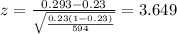 z=\frac{0.293 -0.23}{\sqrt{\frac{0.23(1-0.23)}{594}}}=3.649