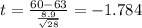 t=\frac{60-63}{\frac{8.9}{\sqrt{28}}}=-1.784