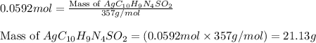 0.0592mol=\frac{\text{Mass of }AgC_{10}H_9N_4SO_2}{357g/mol}\\\\\text{Mass of }AgC_{10}H_9N_4SO_2=(0.0592mol\times 357g/mol)=21.13g
