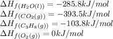 \Delta H_f_{(H_2O(l))}=-285.8kJ/mol\\\Delta H_f_{(CO_2(g))}=-393.5kJ/mol\\\Delta H_f_{(C_3H_8(g))}=-103.8kJ/mol\\\Delta H_f_{(O_2(g))}=0kJ/mol