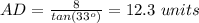 AD=\frac{8}{tan(33^o)}=12.3\ units