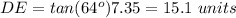 DE=tan(64^o){7.35}=15.1\ units