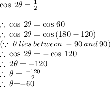 \cos \: 2 \theta =  \frac{1}{2}  \\  \\  \therefore \:  \cos \: 2 \theta =  \cos \: 60 \degree \\  \therefore \:  \cos \: 2 \theta =  \cos \: (180 \degree  - 120\degree )  \\ ( \because \:  \theta \: lies \: between \:  - 90 \degree \: and \:  90 \degree)\\ \therefore \:  \cos \: 2 \theta =  -  \cos \: 120 \degree \\ \therefore \: 2 \theta =  - 120 \degree \\ \therefore \:  \theta =  \frac{ - 120 \degree}{2}  \\  \huge \red{\therefore \:  \theta}\pink {=  } \orange{ - 60 \degree}