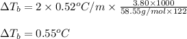 \Delta T_b=2\times 0.52^oC/m\times \frac{3.80\times 1000}{58.55g/mol\times 122}\\\\\Delta T_b=0.55^oC
