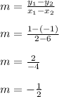 m = \frac{y_1 - y_2}{x_1 - x_2}\\\\m = \frac{1-(-1)}{2-6}\\\\m=\frac{2}{-4} \\\\m=- \frac{1}{2}
