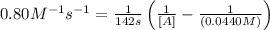 0.80M^{-1}s^{-1}=\frac{1}{142s}\left (\frac{1}{[A]}-\frac{1}{(0.0440M)}\right)