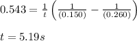0.543=\frac{1}{t}\left (\frac{1}{(0.150)}-\frac{1}{(0.260)}\right)\\\\t=5.19s