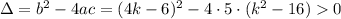 \Delta=b^2-4ac=(4k-6)^2-4\cdot 5\cdot (k^2-16)0