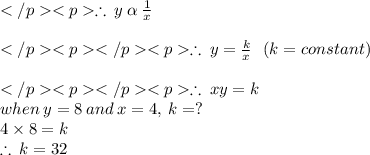 \therefore \: y \:\alpha\: \frac{1}{x}\\\\ \therefore \: y =\frac{k}{x}\:\:\:(k = constant)\\\\ \therefore \: xy = k \\   when \: y=8 \:  and \:  x=4, \: k = ? \\  4 \times 8 = k \\ \therefore \: k = 32