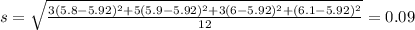 s = \sqrt{\frac{3(5.8-5.92)^2 + 5(5.9-5.92)^2 + 3(6-5.92)^2 + (6.1-5.92)^2}{12}} = 0.09