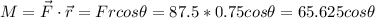 M = \vec{F} \cdot \vec{r} = Frcos\theta = 87.5*0.75cos\theta = 65.625cos\theta