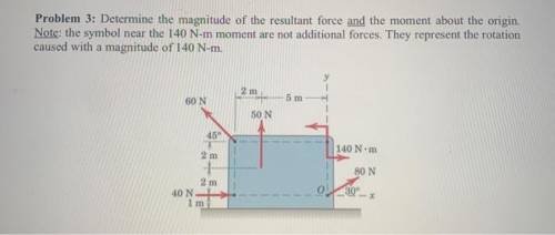 Determine the magnitude of the resultant force and the moment about the origin. Note: the symbol nea
