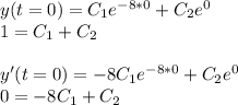 y(t=0)=C_1e^{-8*0}+C_2e^{0}\\1=C_1+C_2\\\\y'(t=0)=-8C_1e^{-8*0}+C_2e^{0}\\0=-8C_1+C_2