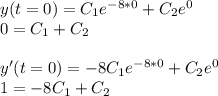 y(t=0)=C_1e^{-8*0}+C_2e^{0}\\0=C_1+C_2\\\\y'(t=0)=-8C_1e^{-8*0}+C_2e^{0}\\1=-8C_1+C_2