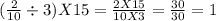 (\frac{2}{10} \div 3) X 15=\frac{2X15}{10X3}=\frac{30}{30}=1