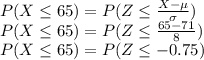 P(X\leq 65)=P(Z\leq \frac{X-\mu}{\sigma})\\P(X\leq 65)=P(Z\leq \frac{65-71}{8})\\P(X\leq 65)=P(Z\leq -0.75)