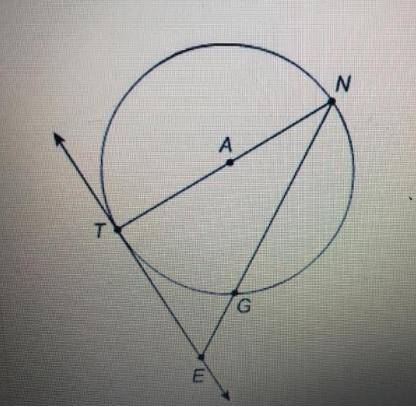 Line ET is tangent to circle A and T, and the measure of arc TG is 46 degrees. What is the measure o