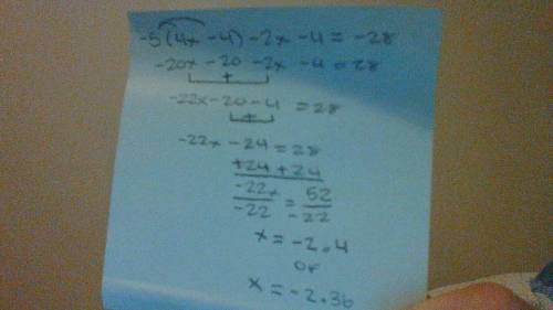 -5(4x-4)-2x-4=-28 math Delta math