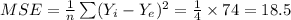 \\MSE=\frac{1}{n}\sum (Y_{i}-Y_{e})^{2}=\frac{1}{4}\times74=18.5