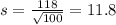 s = \frac{118}{\sqrt{100}} = 11.8