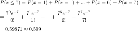 P( x \leq 7) = P(x =1) + P(x=1) +...+ P(x=6) + P(x = 7)\\\\= \displaystyle\frac{7^0 e^{-7}}{0!} + \displaystyle\frac{7^1 e^{-7}}{1!} +...+ \displaystyle\frac{7^6 e^{-7}}{6!} + \displaystyle\frac{7^7 e^{-7}}{7!} \\\\= 0.59871\approx 0.599