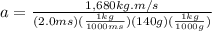 a = \frac{1,680kg . m/s}{(2.0ms)(\frac{1kg}{1000ms} )(140g)(\frac{1kg}{1000g} )}