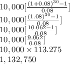 10,000[\frac{(1+0.08)^{30}-1}{0.08} ]\\10,000[\frac{(1.08)^{30}-1}{0.08} ]\\10,000[\frac{10.062-1}{0.08} ]\\10,000[\frac{9.062}{0.08} ]\\10,000 \times113.275\\1,132,750