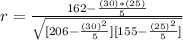r= \frac{162-\frac{(30)*(25)}{5} }{\sqrt{[206-\frac{(30)^2}{5} ][155-\frac{(25)^2}{5} ]} }