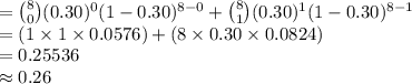 ={8\choose 0}(0.30)^{0}(1-0.30)^{8-0}+{8\choose 1}(0.30)^{1}(1-0.30)^{8-1}\\=(1\times1\times0.0576)+(8\times0.30\times0.0824)\\=0.25536\\\approx0.26